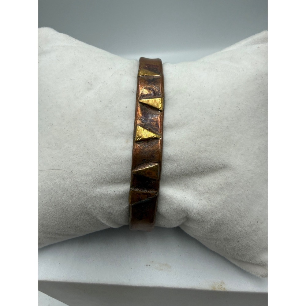 Vintage Artisan Mixed Metal Copper Brass Triangle Studded Cuff Bracelet M Signed